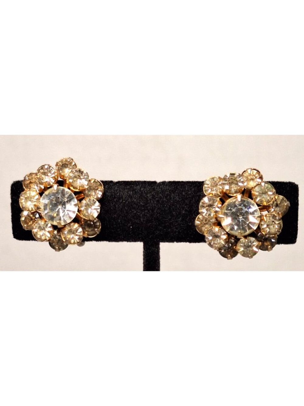 Vintage Clear Rhinestone Tiered Flower Rosette Screw Back Earrings Gold Tone 50s